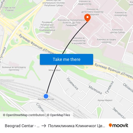 Beograd Centar - Prokop to Поликлиника Клиничког Центра Србије map