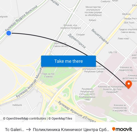 Tc Galerija to Поликлиника Клиничког Центра Србије map