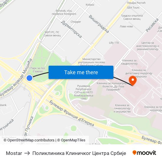 Mostar to Поликлиника Клиничког Центра Србије map