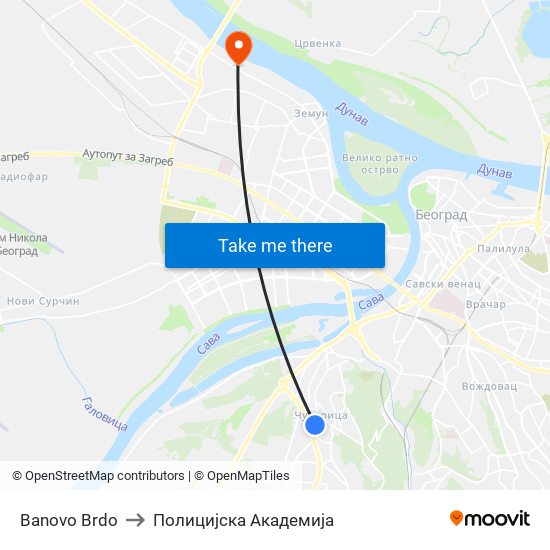 Banovo Brdo to Полицијска Академија map