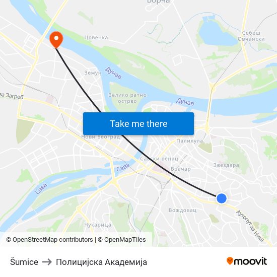 Šumice to Полицијска Академија map