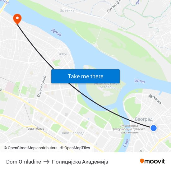 Dom Omladine to Полицијска Академија map