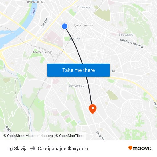 Trg Slavija to Саобраћајни Факултет map