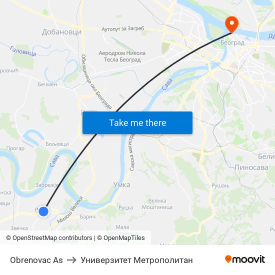 Obrenovac Аs to Универзитет Метрополитан map