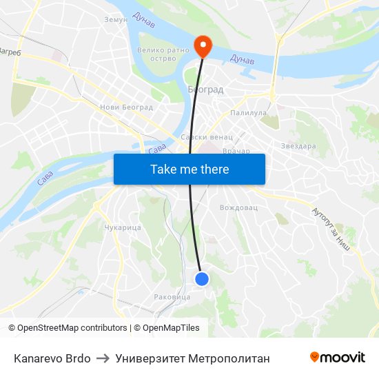 Kanarevo Brdo to Универзитет Метрополитан map