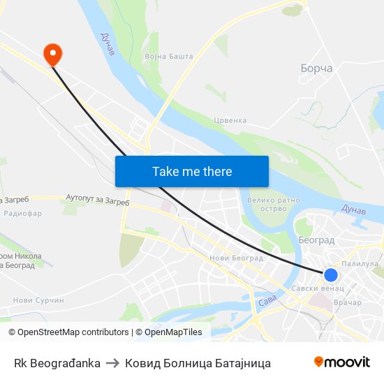Rk Beograđanka to Ковид Болница Батајница map