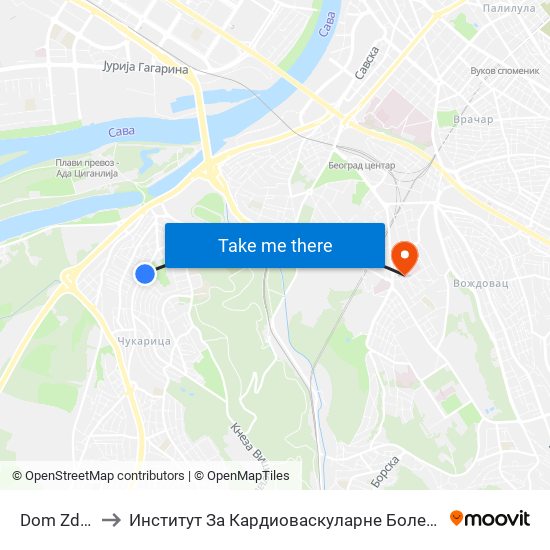 Dom Zdravlja to Институт За Кардиоваскуларне Болести ""Дедиње 2"" map