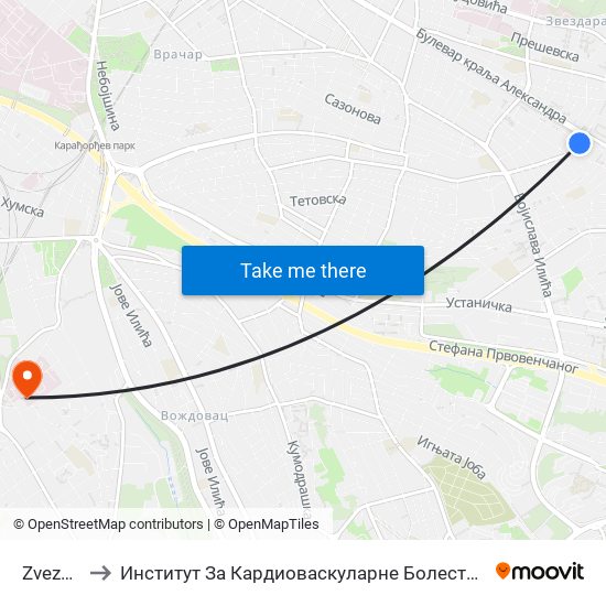 Zvezdara to Институт За Кардиоваскуларне Болести ""Дедиње 2"" map