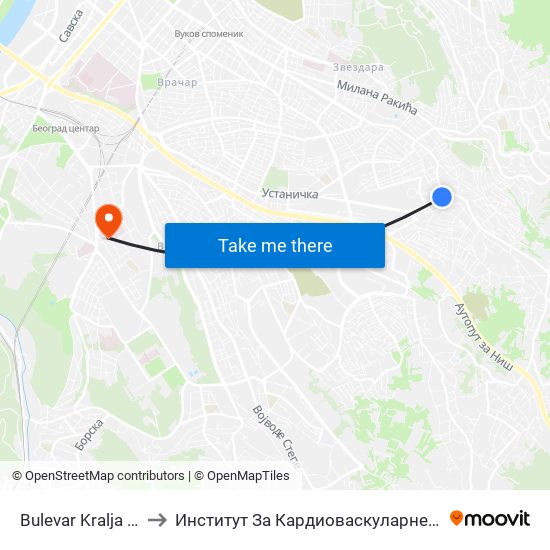 Bulevar Kralja Aleksandra to Институт За Кардиоваскуларне Болести ""Дедиње 2"" map