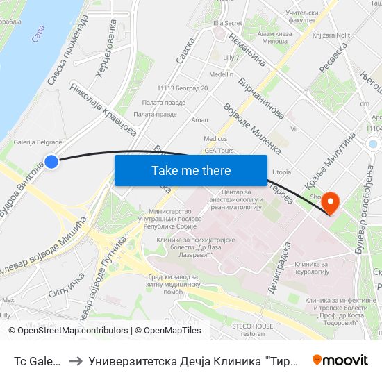 Tc Galerija to Универзитетска Дечја Клиника ""Тиршова"" map