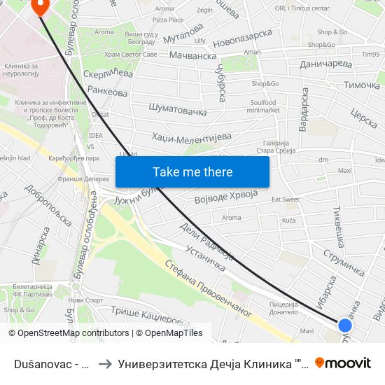 Dušanovac - Pošta to Универзитетска Дечја Клиника ""Тиршова"" map