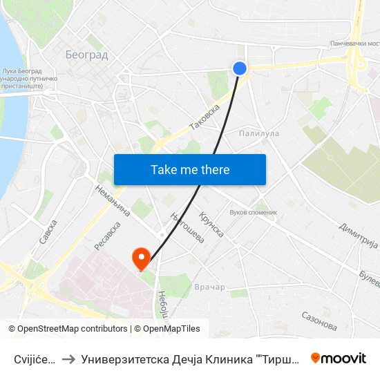 Cvijićeva to Универзитетска Дечја Клиника ""Тиршова"" map