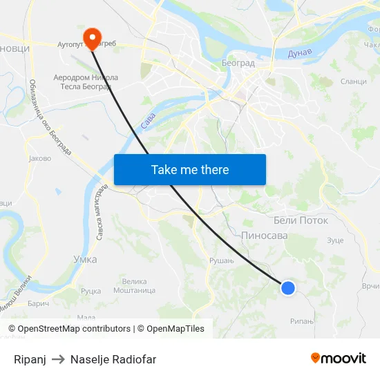 Ripanj to Naselje Radiofar map