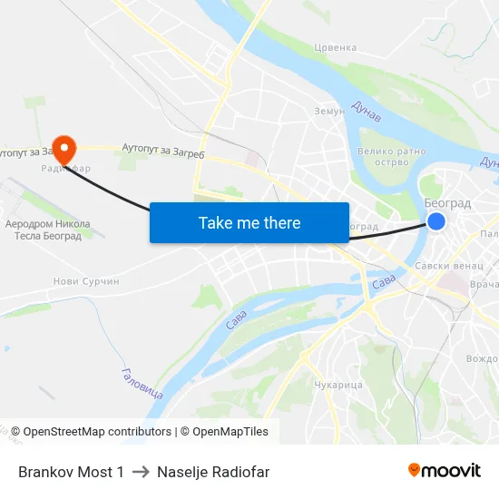 Бранков Мост 1 to Radiofar Settlement map