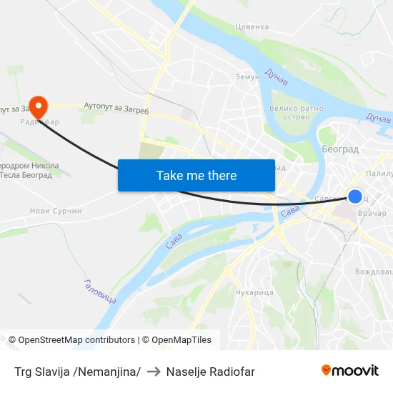 Slavija Square (Nemanjina) to Radiofar Settlement map
