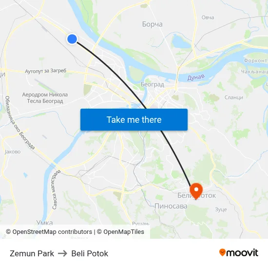 Zemun Park to Beli Potok map