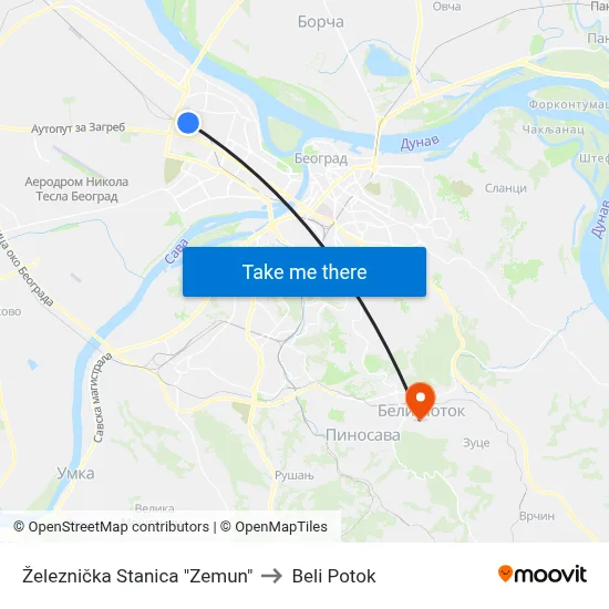 Железничка Станица "Земун" to Beli Potok map
