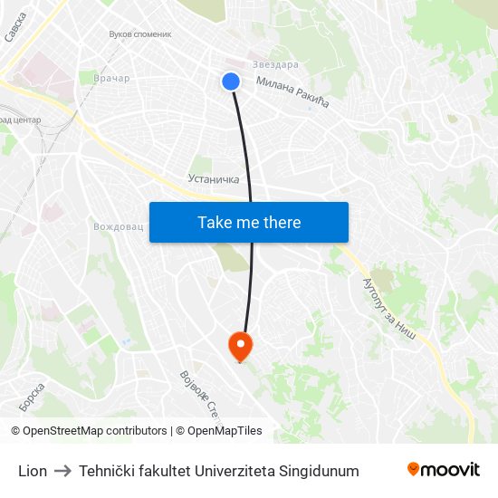 Lion to Tehnički fakultet Univerziteta Singidunum map