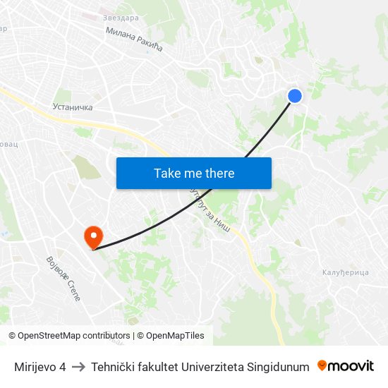Mirijevo 4 to Tehnički fakultet Univerziteta Singidunum map