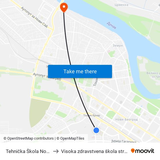 Tehnička Škola Novi Beograd to Visoka zdravstvena škola strukovnih studija map