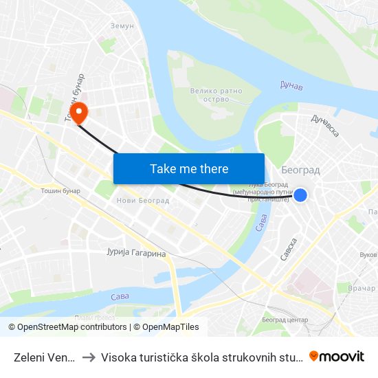 Zeleni Venac to Visoka turistička škola strukovnih studija map