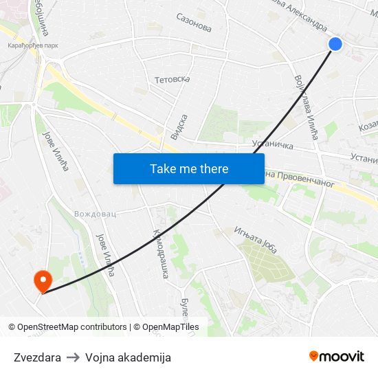 Zvezdara to Vojna akademija map