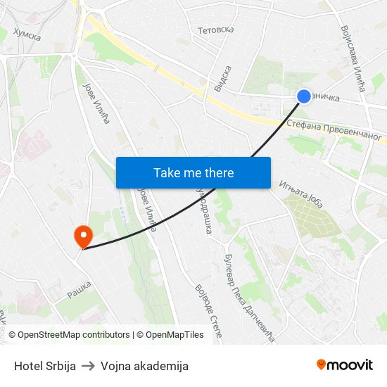 Hotel Srbija to Vojna akademija map