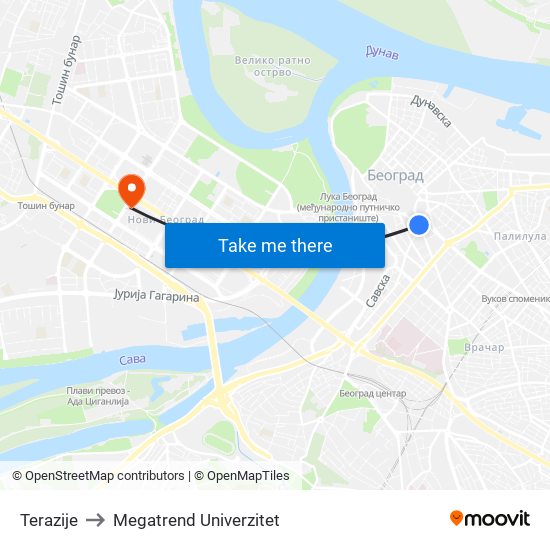 Terazije to Megatrend Univerzitet map