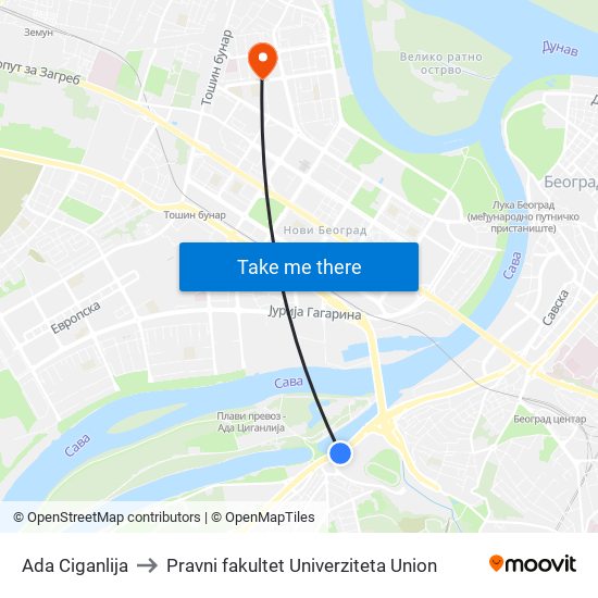 Ada Ciganlija to Pravni fakultet Univerziteta Union map