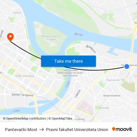 Pančevački Most to Pravni fakultet Univerziteta Union map