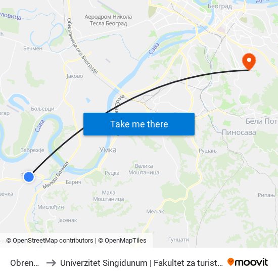 Obrenovac Аs to Univerzitet Singidunum | Fakultet za turistički i hotelijerski menadžment map
