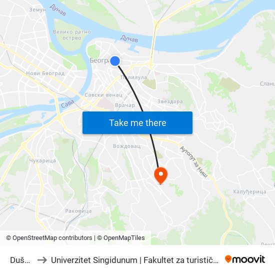 Dušanova to Univerzitet Singidunum | Fakultet za turistički i hotelijerski menadžment map