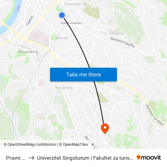 Pravni Fakultet to Univerzitet Singidunum | Fakultet za turistički i hotelijerski menadžment map