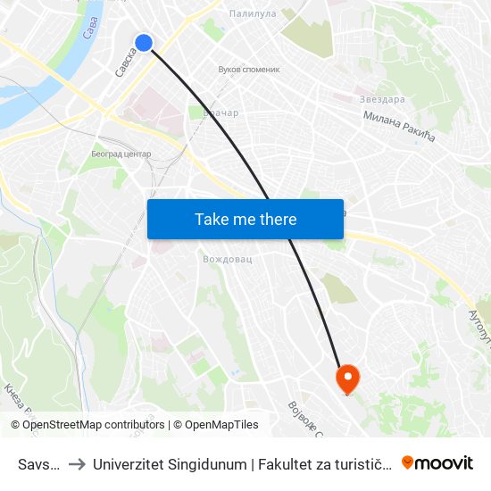 Savski Trg to Univerzitet Singidunum | Fakultet za turistički i hotelijerski menadžment map