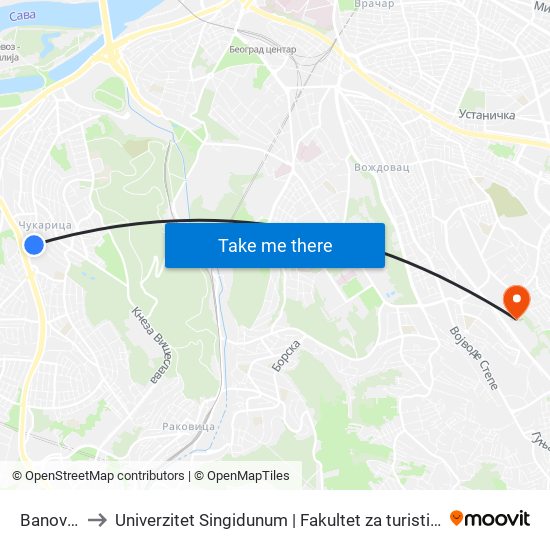 Banovo Brdo to Univerzitet Singidunum | Fakultet za turistički i hotelijerski menadžment map