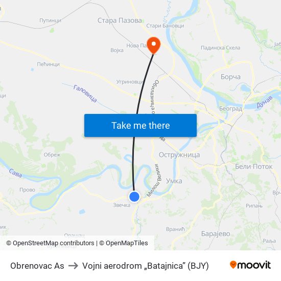 Obrenovac Аs to Vojni aerodrom „Batajnica” (BJY) map