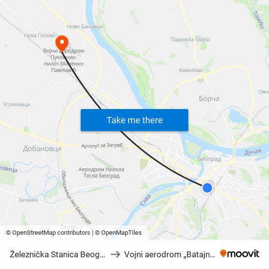 Železnička Stanica Beograd Centar to Vojni aerodrom „Batajnica” (BJY) map