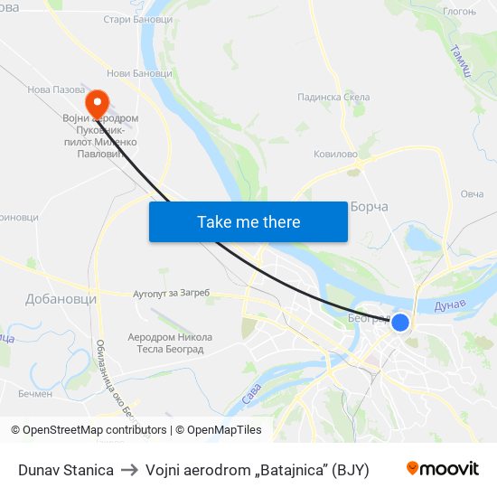 Dunav Stanica to Vojni aerodrom „Batajnica” (BJY) map