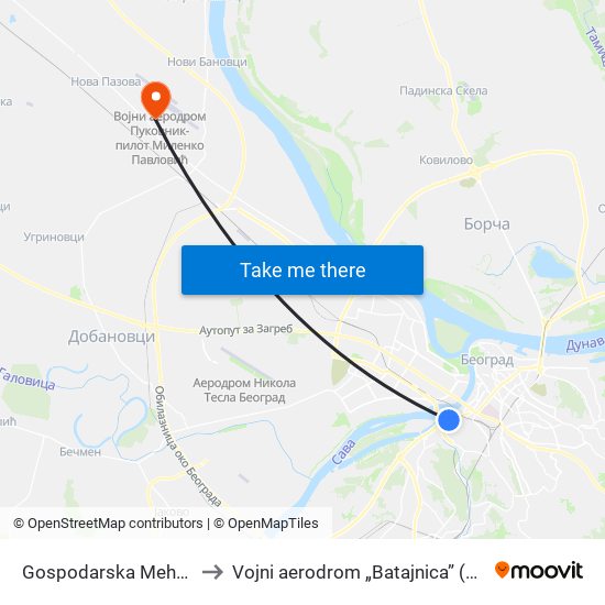 Gospodarska Mehana to Vojni aerodrom „Batajnica” (BJY) map