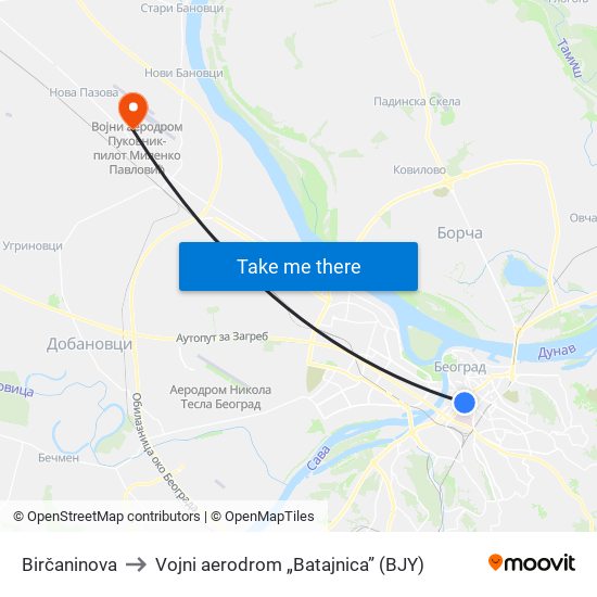 Birčaninova to Vojni aerodrom „Batajnica” (BJY) map