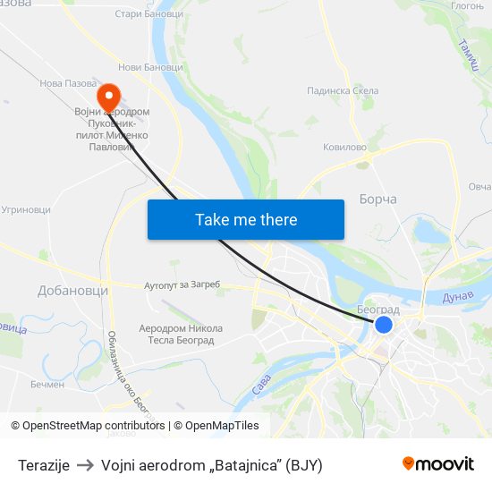 Terazije to Vojni aerodrom „Batajnica” (BJY) map