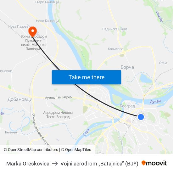 Marka Oreškovića to Vojni aerodrom „Batajnica” (BJY) map