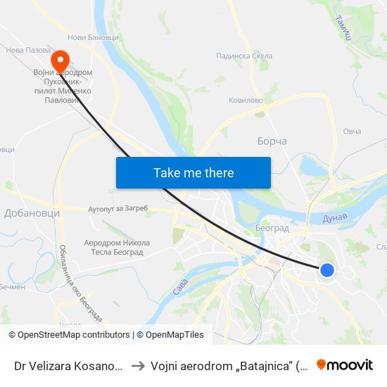Dr Velizara Kosanovića to Vojni aerodrom „Batajnica” (BJY) map