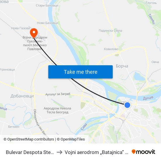 Bulevar Despota Stefana to Vojni aerodrom „Batajnica” (BJY) map