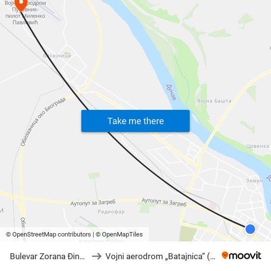 Bulevar Zorana Đinđića to Vojni aerodrom „Batajnica” (BJY) map