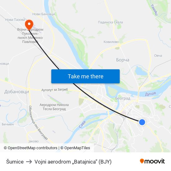 Šumice to Vojni aerodrom „Batajnica” (BJY) map