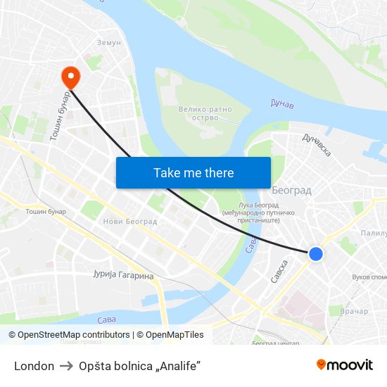 London to Opšta bolnica „Analife” map