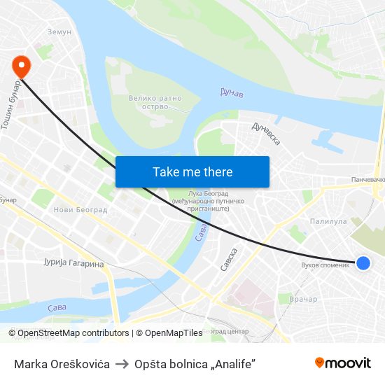 Marka Oreškovića to Opšta bolnica „Analife” map