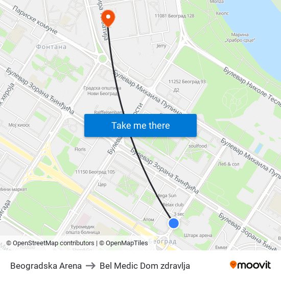 Beogradska Arena to Bel Medic Dom zdravlja map