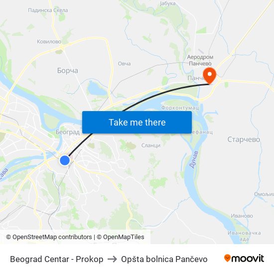 Beograd Centar - Prokop to Opšta bolnica Pančevo map